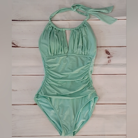 Kenneth Cole Aqua Ruched One-Piece Halter Swimsuit Size S - Picture 2 of 11